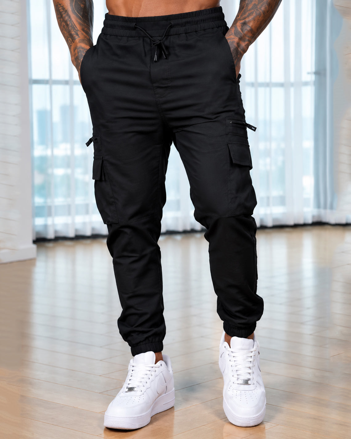 Men's Drawstring Elastic Waist Zipper Pockets Cargo Joggers