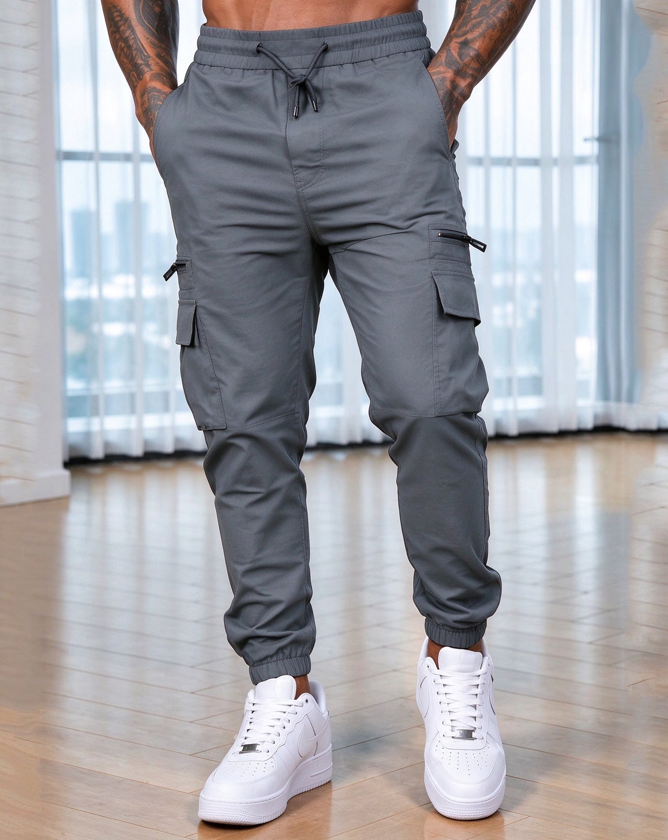 Men's Drawstring Elastic Waist Zipper Pockets Cargo Joggers