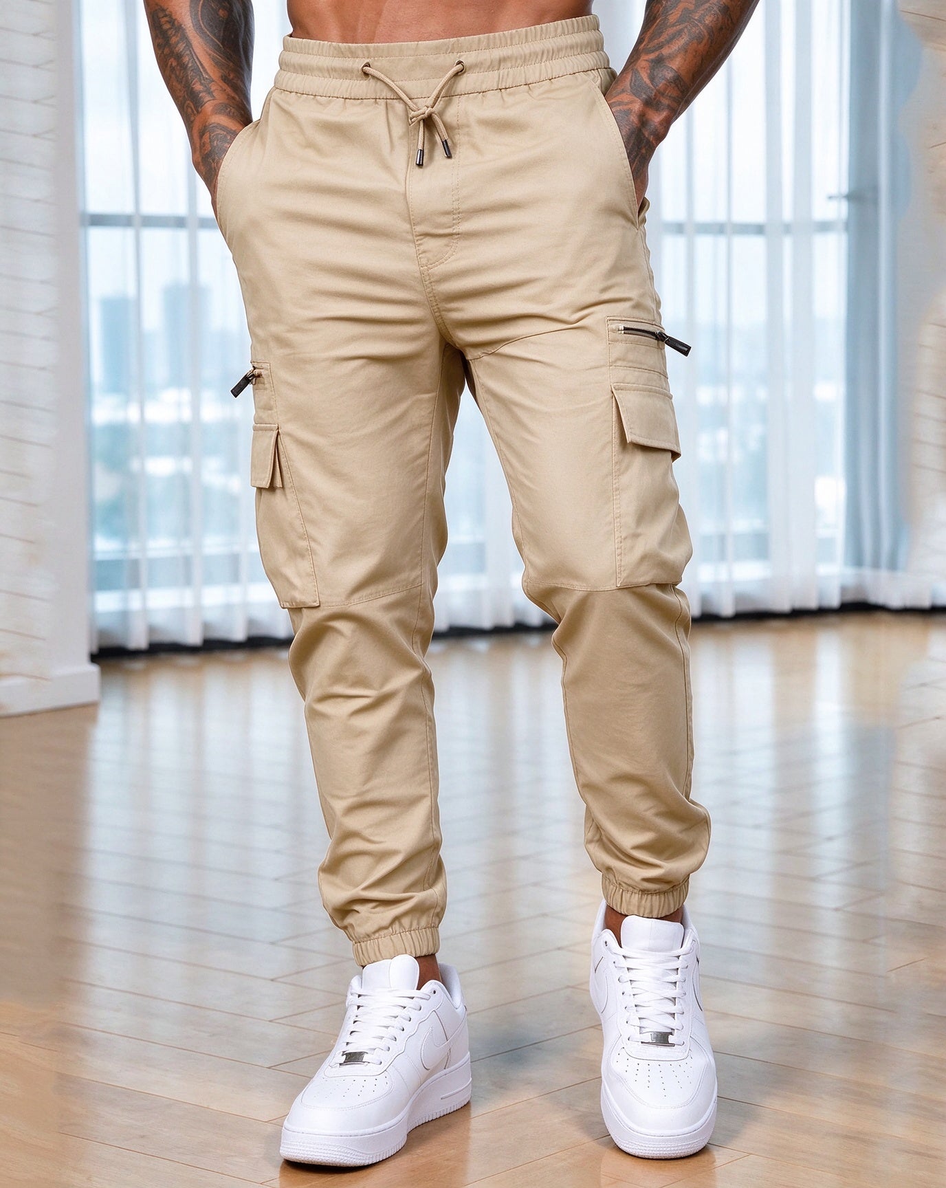 Men's Drawstring Elastic Waist Zipper Pockets Cargo Joggers