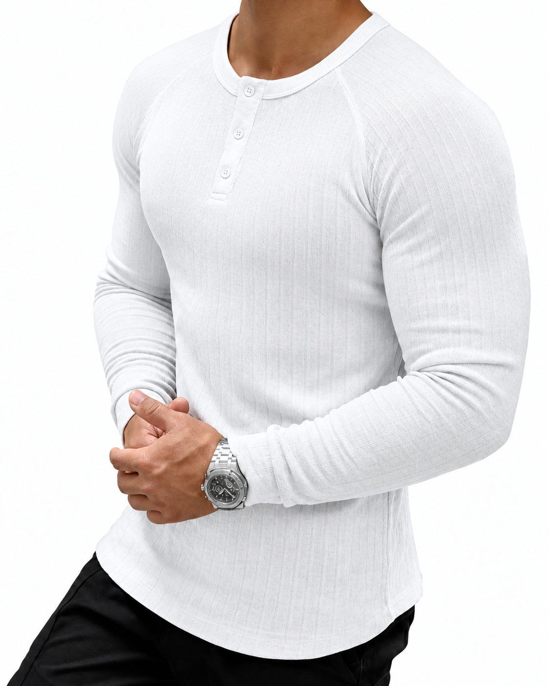 Men's Ribbed Henley Long Sleeve Slim Fit Stretch T-Shirt