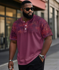 Men's Plus Size Daily Casual Rose Red Gradient Print Henry Collar Button Short Sleeve T-Shirt