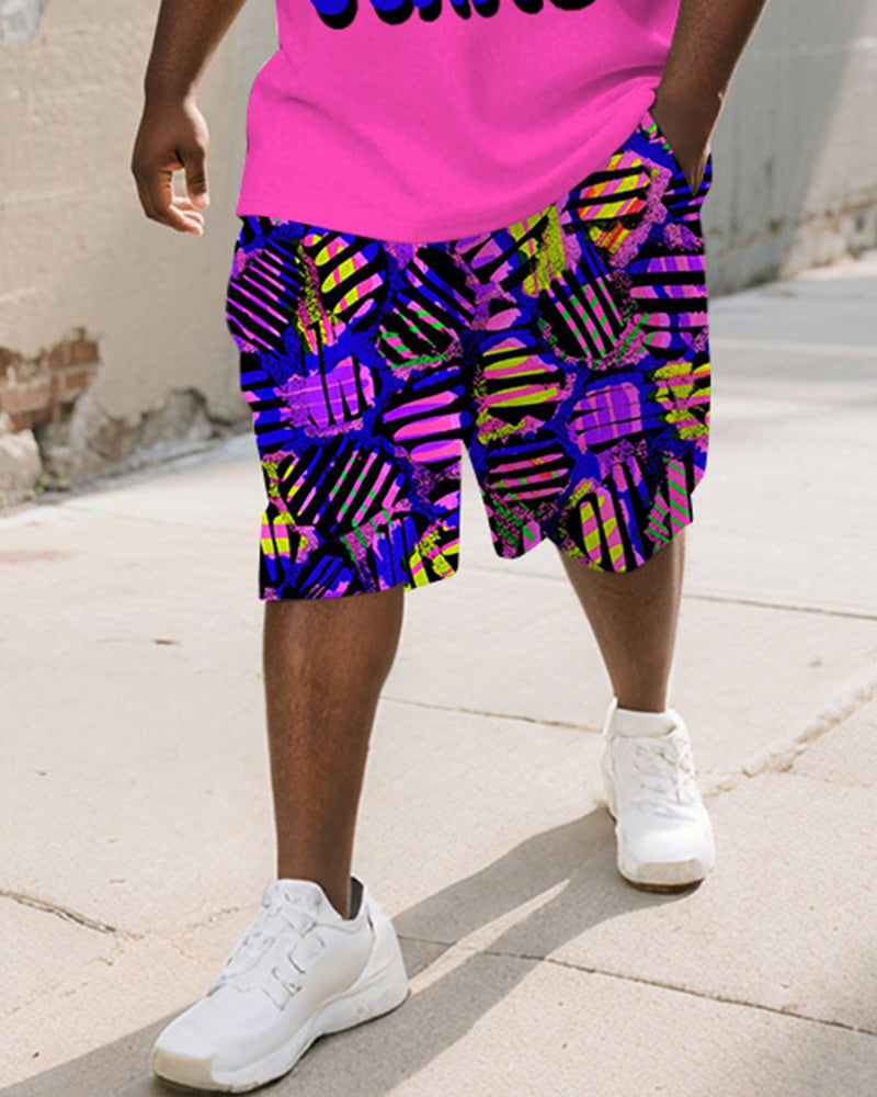 Men's Plus Size Street Graffiti Pink Fun BIGGMANS Letter Print Round Neck Short Sleeve T-Shirt Shorts Suit