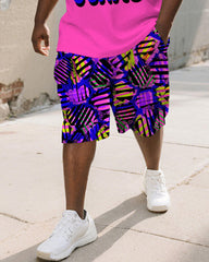 Men's Plus Size Street Graffiti Pink Fun BIGGMANS Letter Print Round Neck Short Sleeve T-Shirt Shorts Suit