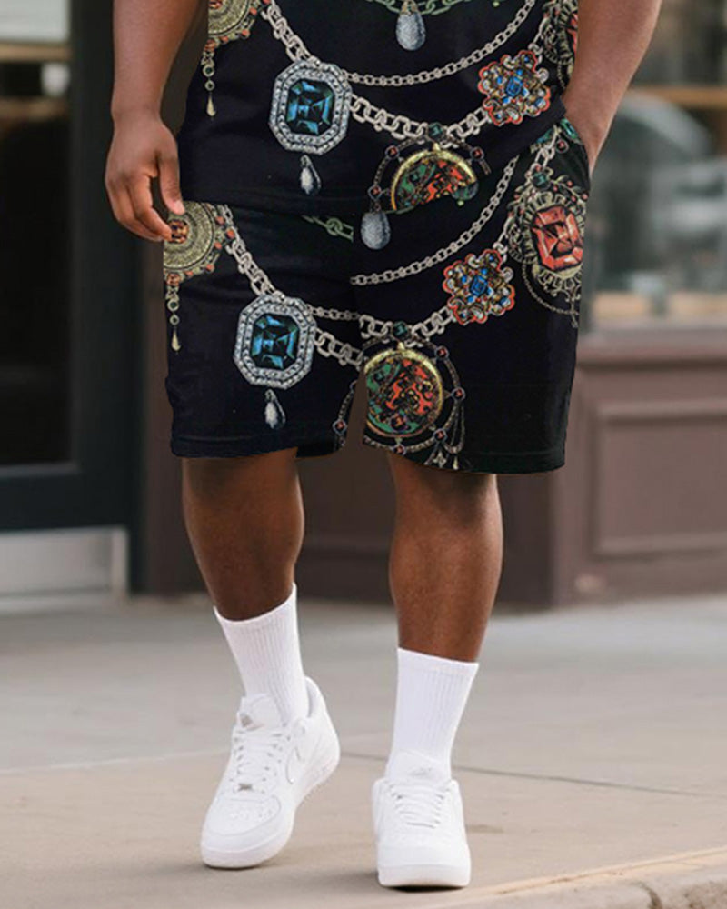 Big & Tall Men's Black Retro Luxury Chain Printed Round Neck Short Sleeve T-Shirt Shorts Suit