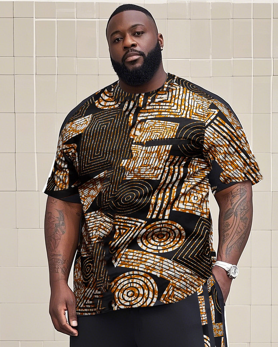 Big Boy Essential Retro African Impression Totem Print Short Sleeve Trousers Suit