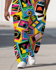 Men's Colorful Cartoon World Camera Printed Big & Tall Short-Sleeve Shirt Pants 2-Piece Sets