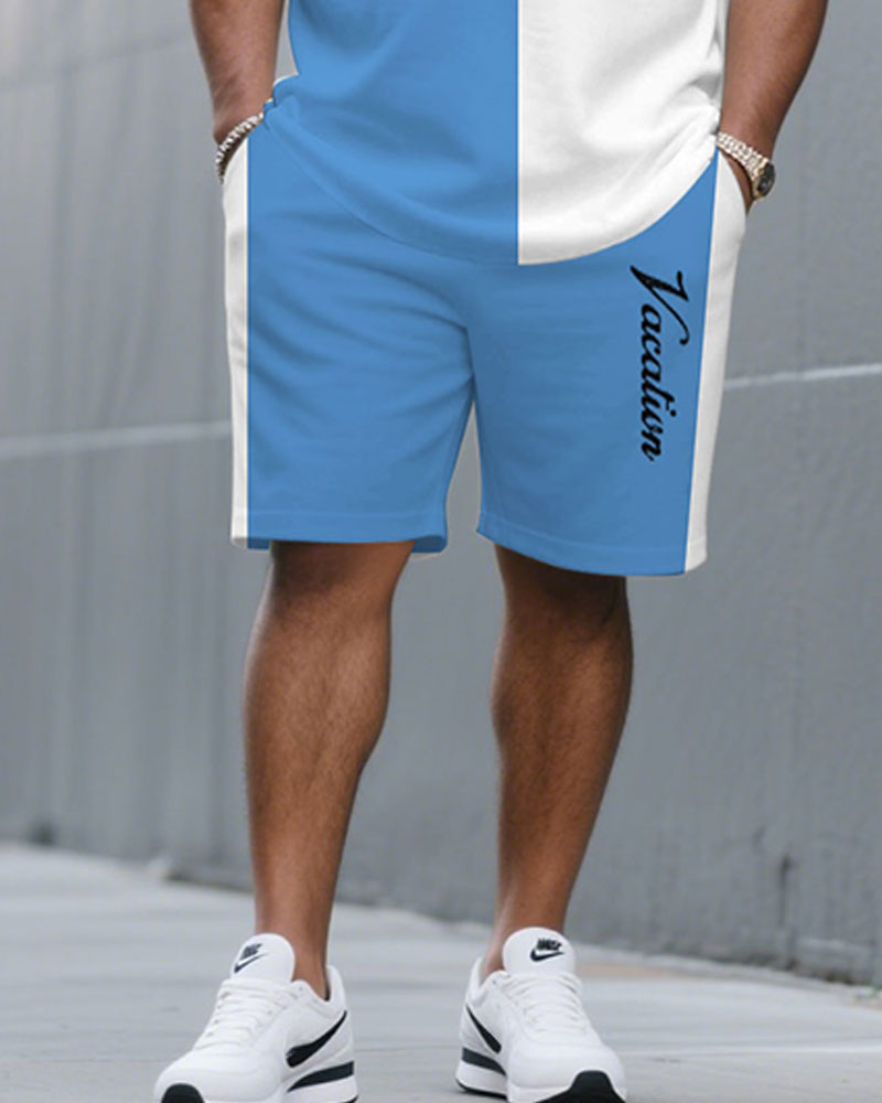 Men's Plus Size White & Blue Pants Side-stitched Round Neck Short-sleeved T-shirt Half-length Pants Suit