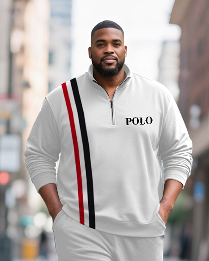 Big & Tall Men's Black And Red Contrast Striped Printed POLO Collar Zipper Long Sleeve Pants Two-piece Set