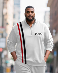 Big & Tall Men's Black And Red Contrast Striped Printed POLO Collar Zipper Long Sleeve Pants Two-piece Set