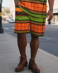 Big & Tall Men's Business Green Orange Colorblock Geometric Print Short Sleeve Polo Shirt Shorts Suit