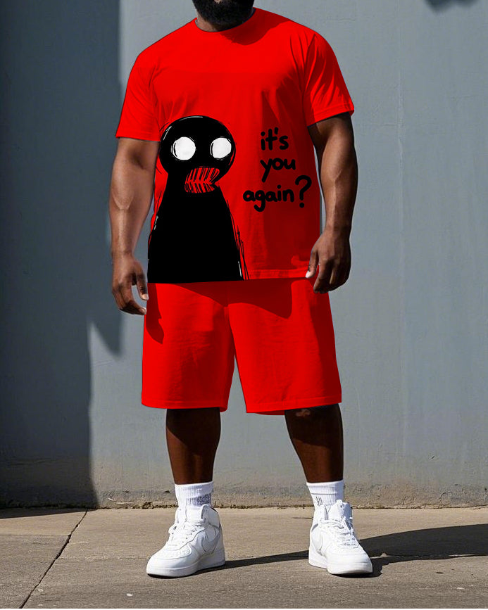 Big & Tall Men's Shocked Elf it's you again Print Punk Style Laid-back Short-Sleeve T-shirt 2-Piece Set