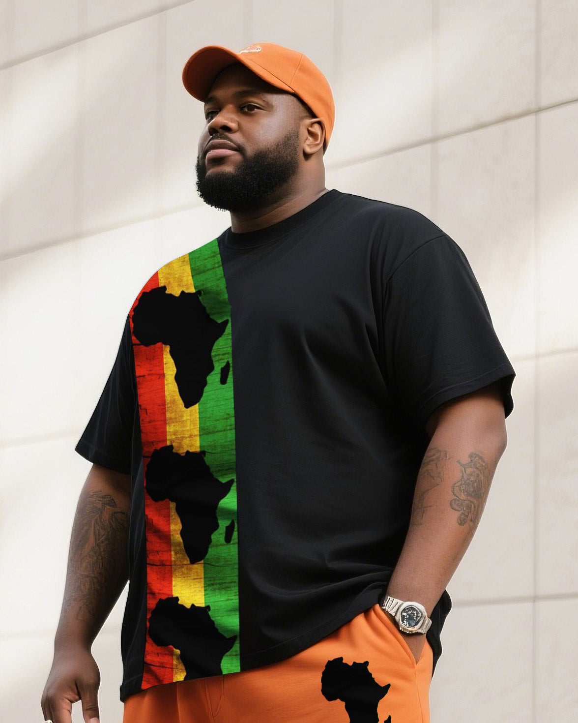 Men's Plus Size Black With Hermes Orange Creative Stripe African Figure Print T-Shirt Shorts Suit