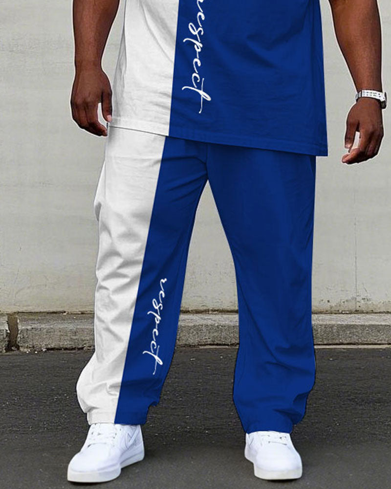 Big & Tall Men's Summer White & Blue Colorblock Handwritten Respect Slogan Printed Short Sleeve T-Shirt Pants Suit