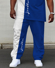 Big & Tall Men's Summer White & Blue Colorblock Handwritten Respect Slogan Printed Short Sleeve T-Shirt Pants Suit