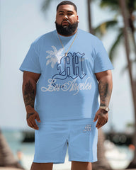 Men's Plus Size Hawaiian Coconut Tree Angel Alphabet Print T-Shirt Shorts Suit