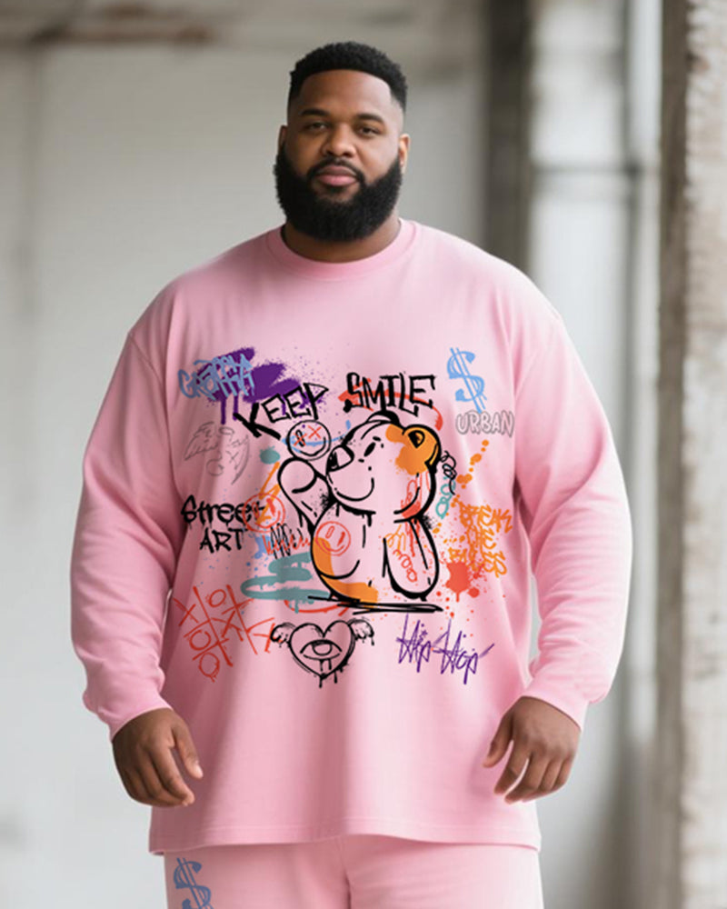 Big & Tall Men's Pink Gradient Graffiti Bear Print Long Sleeve T-Shirt Pants Suit