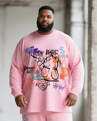 Big & Tall Men's Pink Gradient Graffiti Bear Print Long Sleeve T-Shirt Pants Suit
