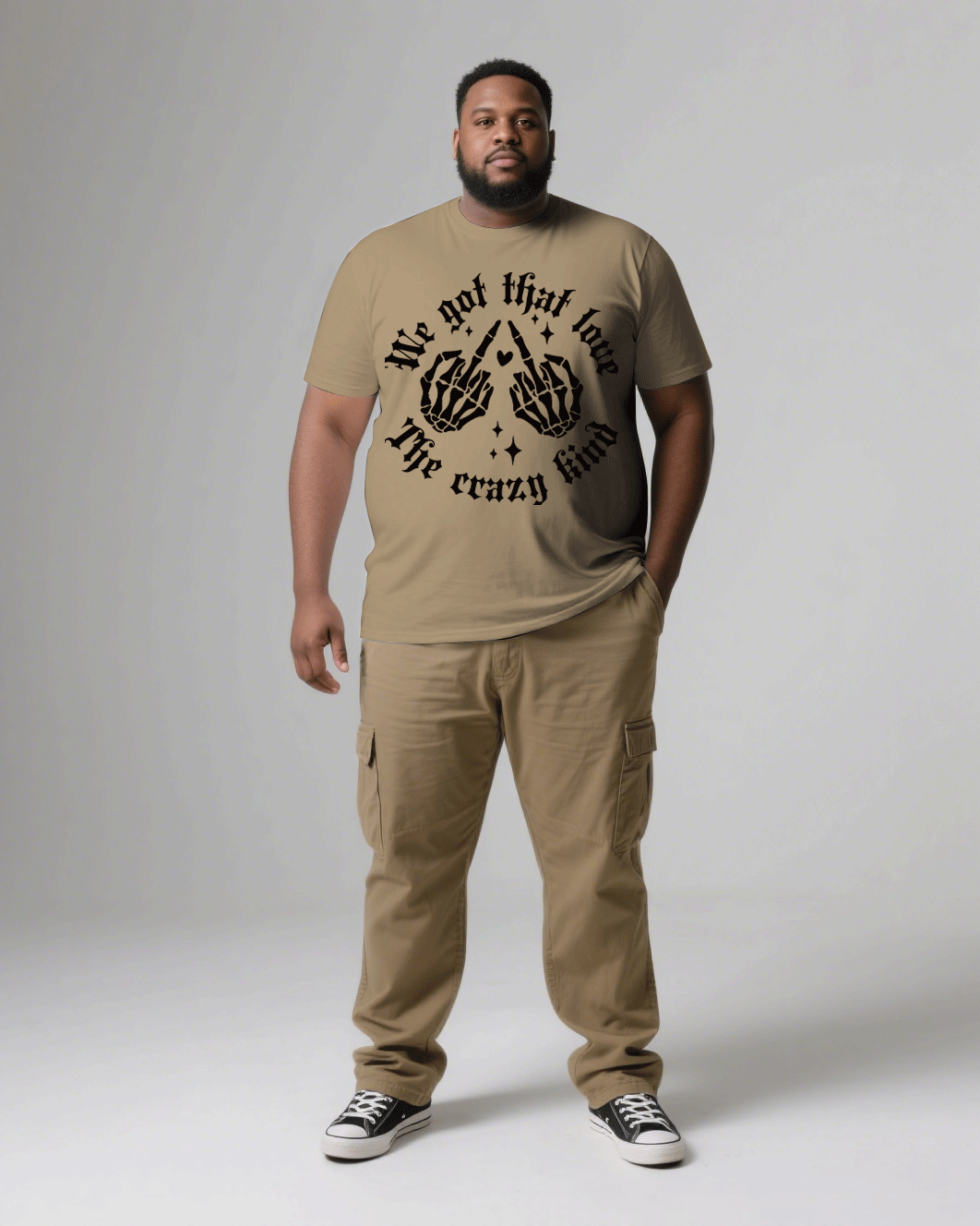 Big & Tall Men's Khaki Hand Bone Pattern Printed Men's And Women's Crewneck Short-sleeved T-shirts & Overalls Pants Couple's Suit