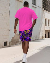 Men's Plus Size Street Graffiti Pink Fun BIGGMANS Letter Print Round Neck Short Sleeve T-Shirt Shorts Suit