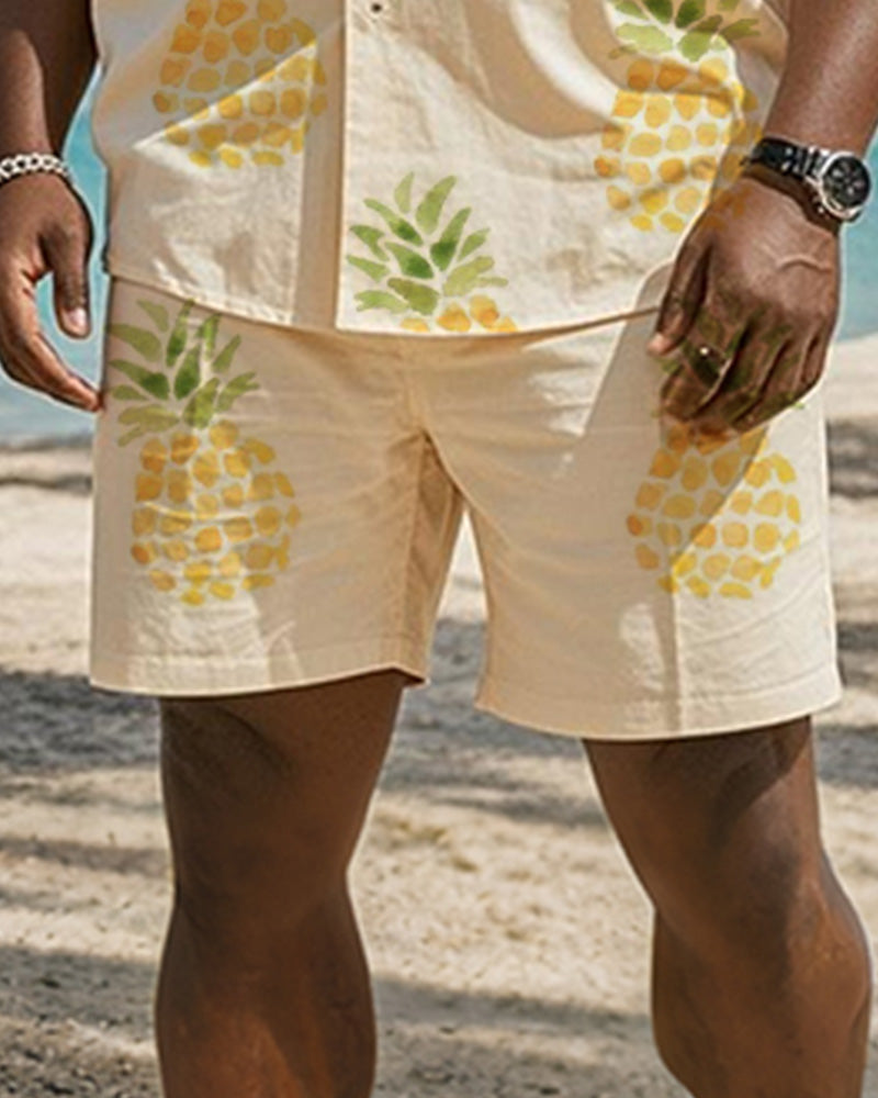 Big & Tall Men's Hawaiian Holiday Yellow Pineapple Print Pocket Shirt Shorts Suit