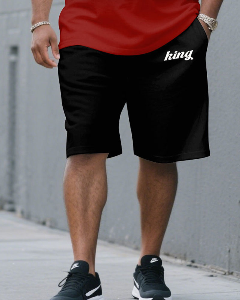 Men's Plus Size Black & Red Chest King Small Label Printed Round Neck Short Sleeve T-Shirt Shorts Suit