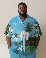 Big & Tall Men's Hawaiian Blue Sky Vintage Hand-painted Coconut Print Short-sleeved Shirt Pants Suit