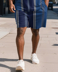 Men's Plus Size Business Blue Stripe Print Short Sleeve Polo Shirt Shorts Suit