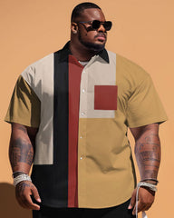 Men's Plus Size Simple Geometric Patchwork Printed Pocket Short Sleeve Shirt Shorts Suit