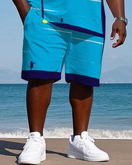 Big Men's Hawaiian Artistic Color Block Coconut Trees Printed Short Sleeve T-shirt and Shorts Set