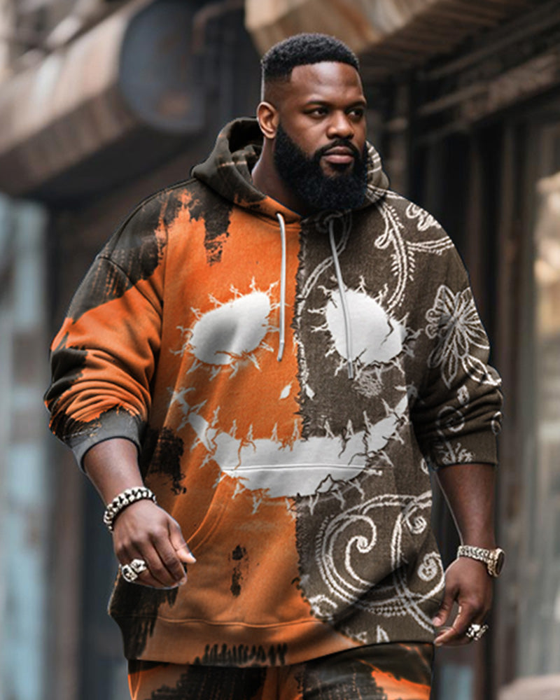 Big & Tall Men's Halloween Orange Pumpkin Facial Contrast Stitch Print Hoodie Suit