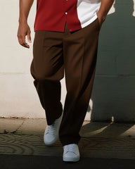 Big & Tall Men's Business Red And Brown Striped Printed Pocket Short Sleeve Shirt Trousers Suit