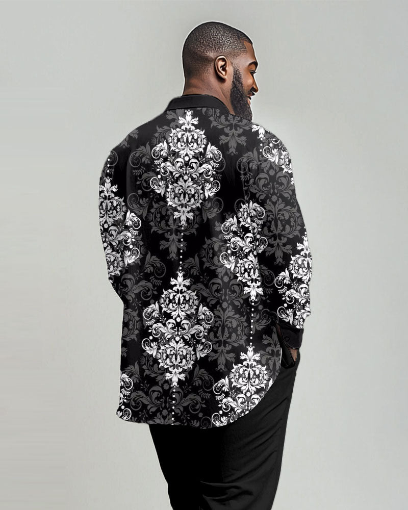 Men's Big & Tall Vintage Luxury Classical Black Print Lapel Long Sleeve Shirt