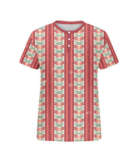 Men's Plus Size Pink Geometric Stripe Printed Henley Collar Button Short Sleeve Tee