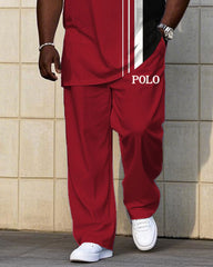 Men's Plus Size Classic Red And Black Color Chest Small Label Printed Short Sleeve T-shirt Trousers Suit