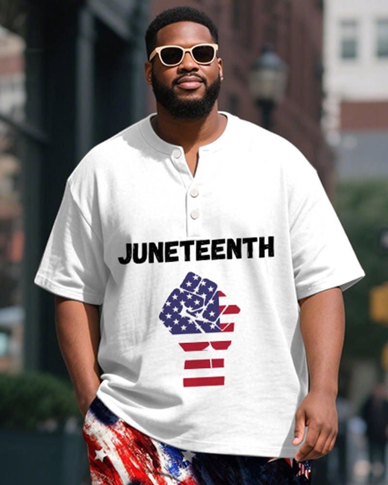 Men's Plus Size Juneteenth Fist Letter Print Henley Collar Short Sleeve T-Shirt Shorts Suit
