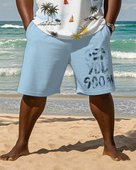 Big & Tall Men's Hawaiian Blue Coconut Sailing Print Round Neck Short Sleeve T-Shirt Shorts Suit