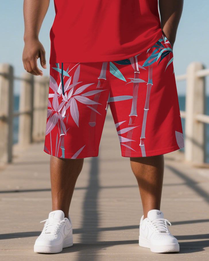 Big Men's Bold Fashion Bamboo Hawaiian Theme Short Sleeve Polo Shirt 2-piece Short Set