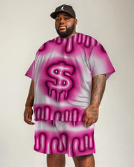 Men's Plus Size Street Hip Hop Pink Gradient Symbol Print Short Sleeve T-Shirt Shorts Suit