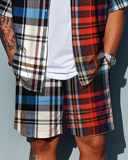 Men's Casual Irregular Splicing Retro Plaid Style Big Size Short Sleeve Shirt and Shorts Set
