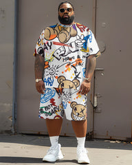 Men's Plus Size Graffiti Bear Print T-Shirt and Shorts 2 Piece Set