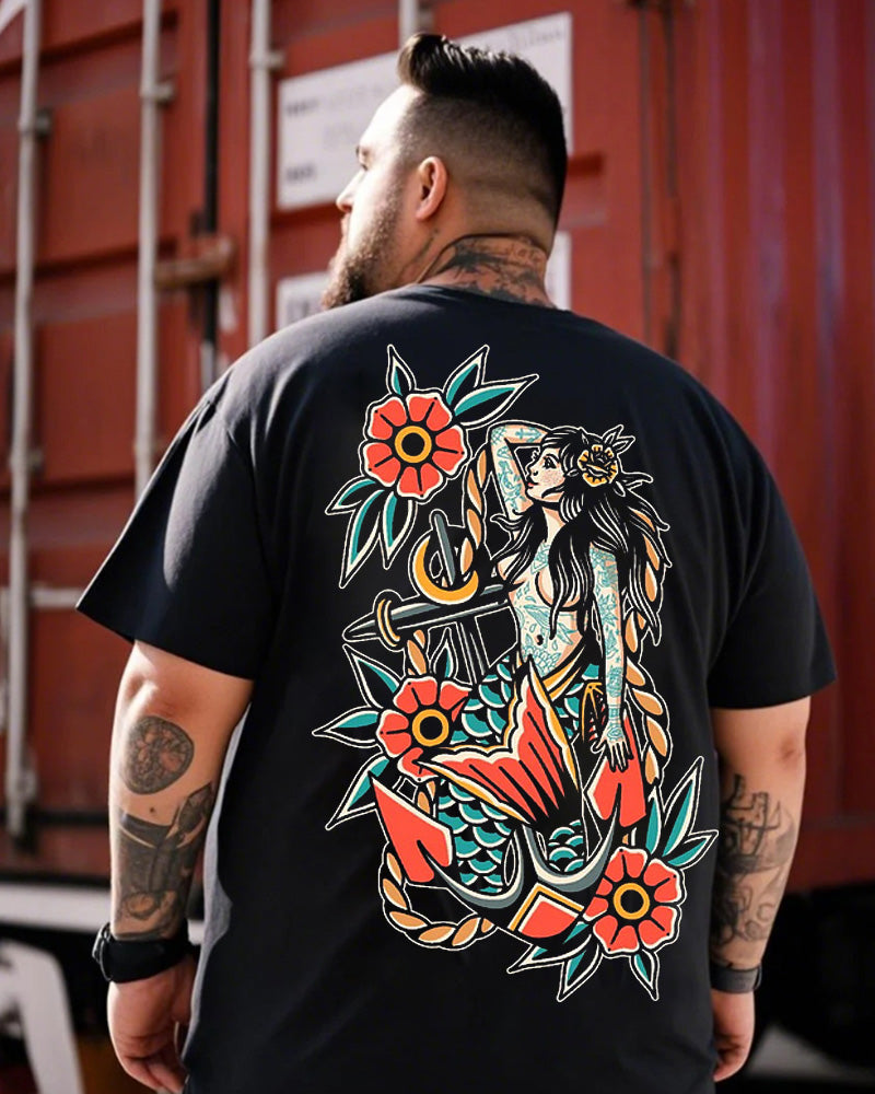 Men's Plus Size Street Fashion Anchor And Mermaid Print Round Neck Short Sleeve T-Shirt