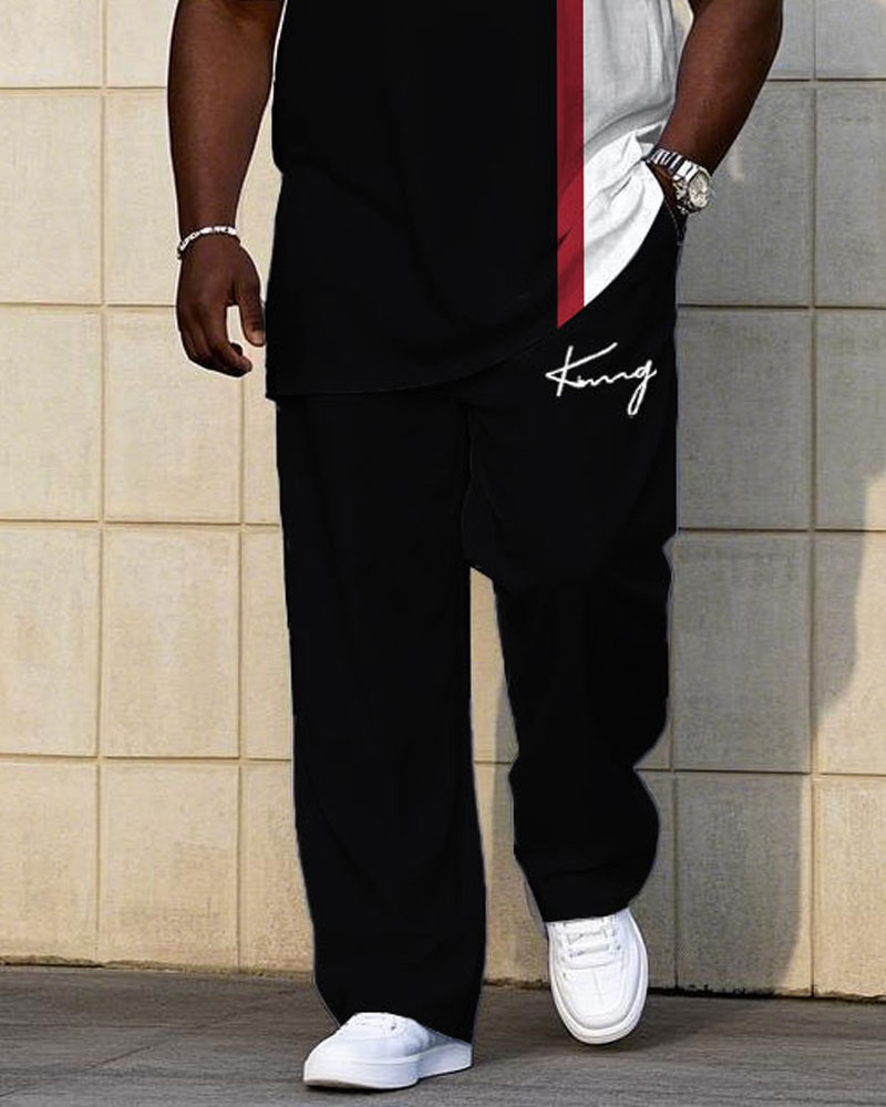 Men's Plus Size Casual Classic Black Colorblock Chest Handwritten King Short-sleeved T-shirt Trousers Suit