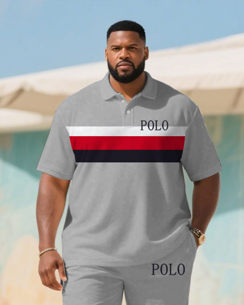 Big & Tall Men's Summer Grey Business Small Label Printed Polo Short Sleeve Shirt Shorts Suit