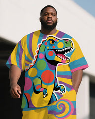 Big and Tall Men's Colorful Stripe Funny Dinosaur Printed Outdoor Short Sleeve T-shirt Pants Set