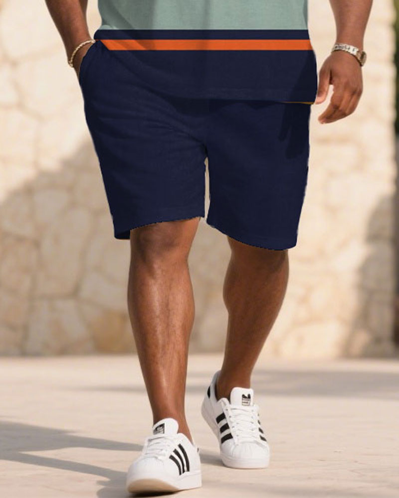 Big & Tall Men's Summer Dark Blue Striped Polo Short Sleeve Shirt Shorts Suit