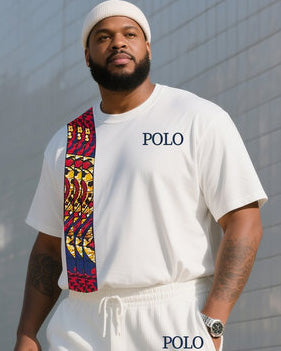 Big Boy Daily Casual Simple African Impression Print Striped Short Sleeve Trousers Suit