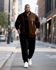Big & Tall Men's Faith Stripe Colorblock Printed POLO Collar Zipper Long Sleeve Pants Two-Piece Set