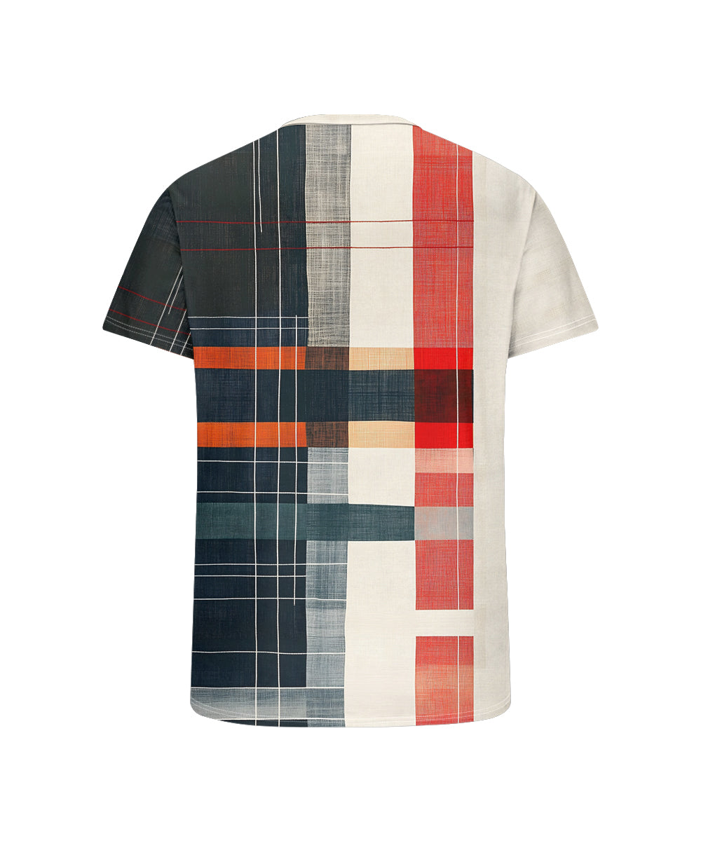 Men's Plus Size Casual Black And Red Geometric Plaid Print Henry Collar Button Short Sleeve T-Shirt