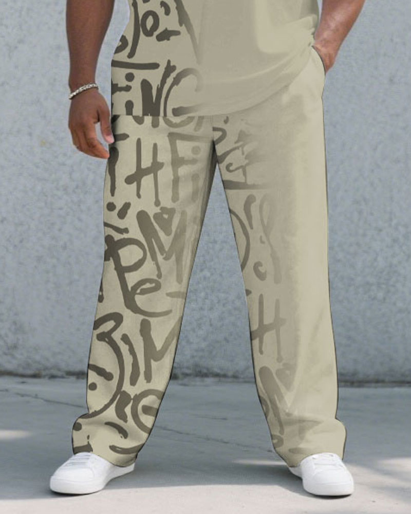 Men's Plus Size Fashion Street Khaki Graffiti Gradient Short Sleeve T-shirt Trousers Suit