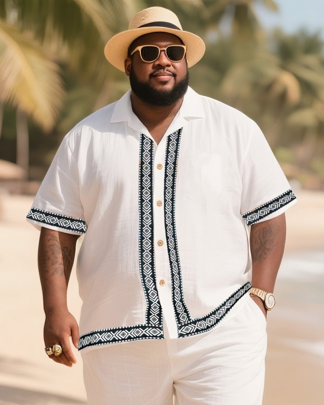 Big Men's Vacation Casual Bohemian Style Striped Edge Textured Short Sleeve Shirt Shorts Suit